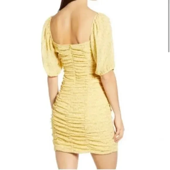 All In Favor Sasha Ruched Mini Dress Women's XS Yellow Puff Sleeve Coquette - Picture 15 of 15